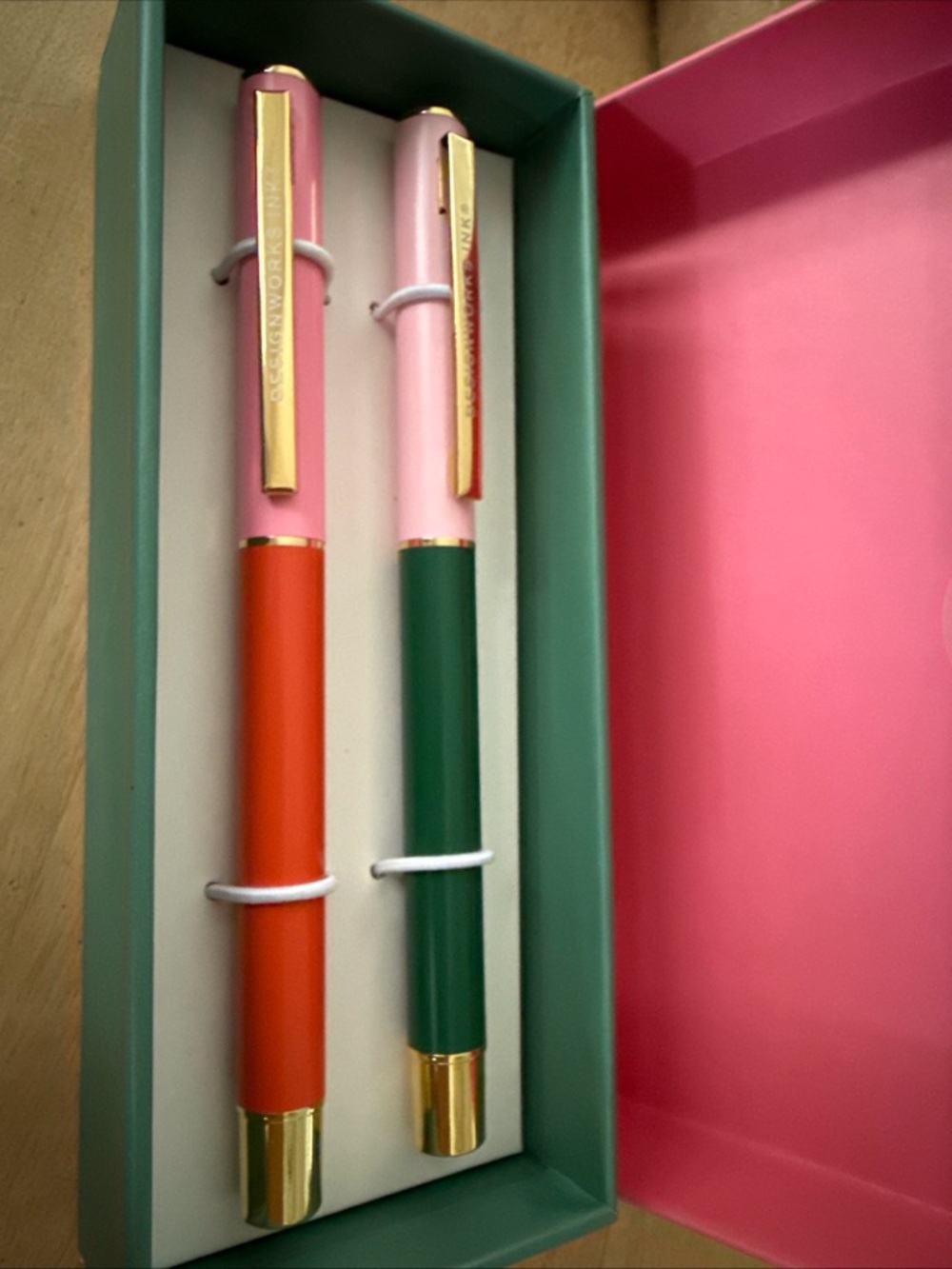 DesignWorks Black Ink Pink, Coral & Green Two-Pen Set w/ Gold Accents. .7 mm.